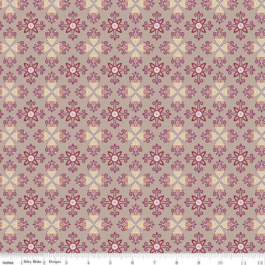 Image of Where the Wild Flowers Area Damask Pewter quilting cotton fabric by Judi Madsen for Riley Blake Designs. Features a geometric pattern on a purple background. Cute Little Fabric Shop.