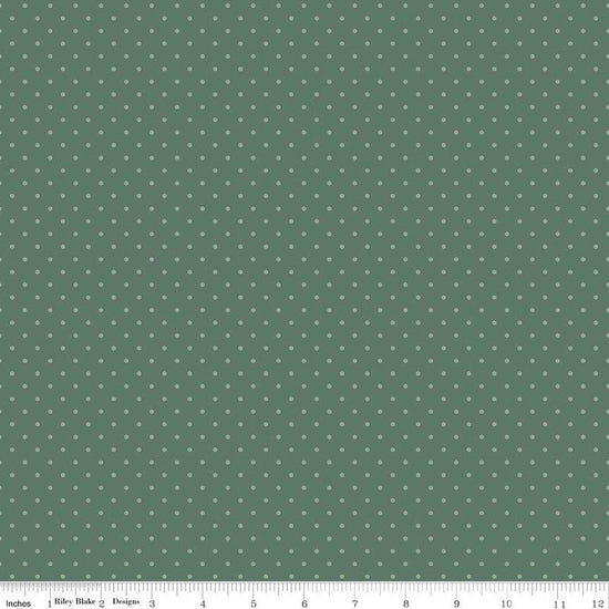 Image of Where the Wild Flowers Area Dots Sage quilting cotton fabric by Judi Madsen for Riley Blake Designs. Features polka dots on a green background. Cute Little Fabric Shop.