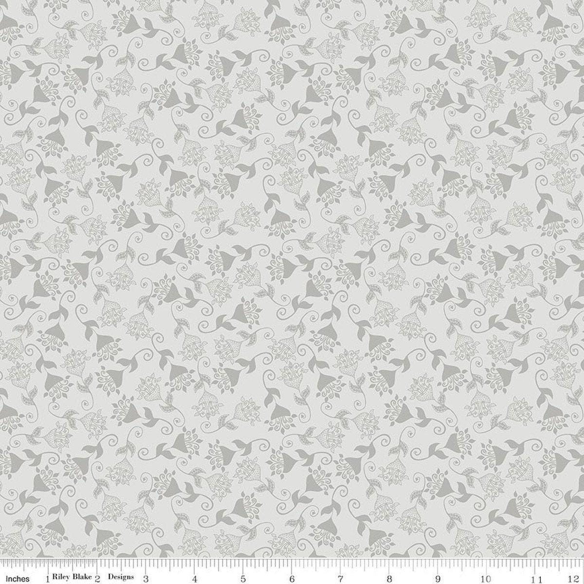 Image of Where the Wild Flowers Area Whimsy Silver quilting cotton fabric by Judi Madsen for Riley Blake Designs. Features flowers on a gray background. Cute Little Fabric Shop.