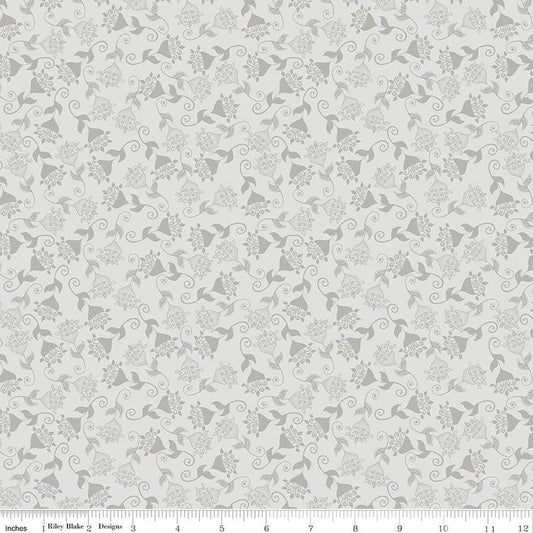 Image of Where the Wild Flowers Area Whimsy Silver quilting cotton fabric by Judi Madsen for Riley Blake Designs. Features flowers on a gray background. Cute Little Fabric Shop.