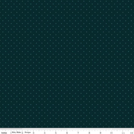 Image of Where the Wild Flowers Area Dots Dark Teal quilting cotton fabric by Judi Madsen for Riley Blake Designs. Features polka dots on a blue background. Cute Little Fabric Shop.