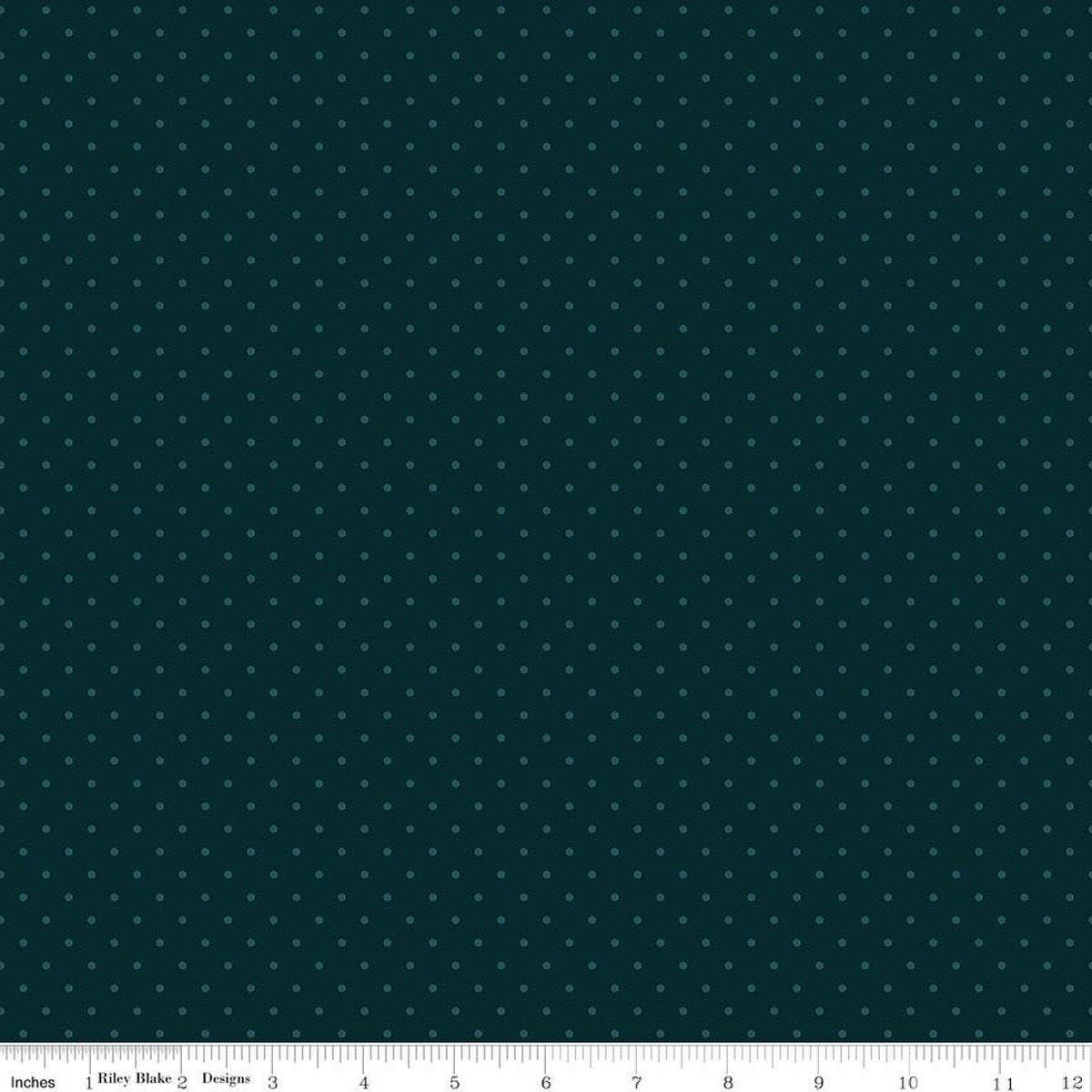 Image of Where the Wild Flowers Area Dots Dark Teal quilting cotton fabric by Judi Madsen for Riley Blake Designs. Features polka dots on a blue background. Cute Little Fabric Shop.