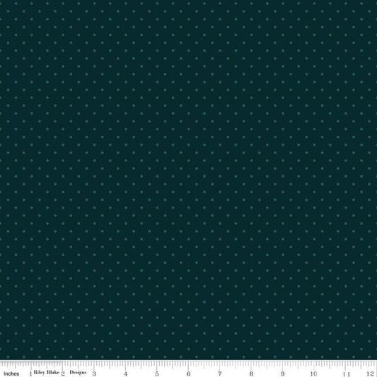 Image of Where the Wild Flowers Area Dots Dark Teal quilting cotton fabric by Judi Madsen for Riley Blake Designs. Features polka dots on a blue background. Cute Little Fabric Shop.