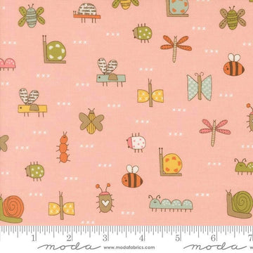 Image of Bug Collector The Bugs Blush quilting cotton fabric by Sweetwater for Moda Fabrics. Features insects on a pink background. Cute Little Fabric Shop.
