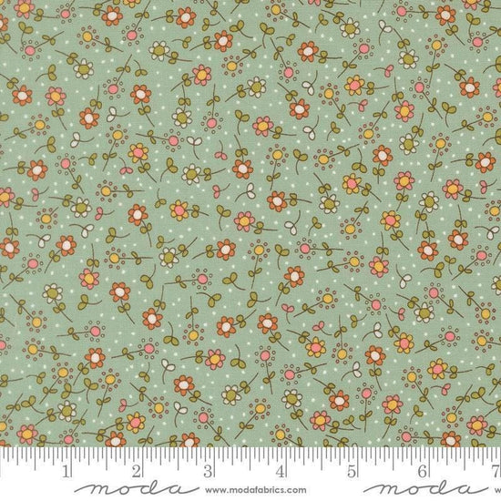 Image of Bug Collector Meadow Sky quilting cotton fabric by Sweetwater for Moda Fabrics. Features flowers on a blue green background. Cute Little Fabric Shop.