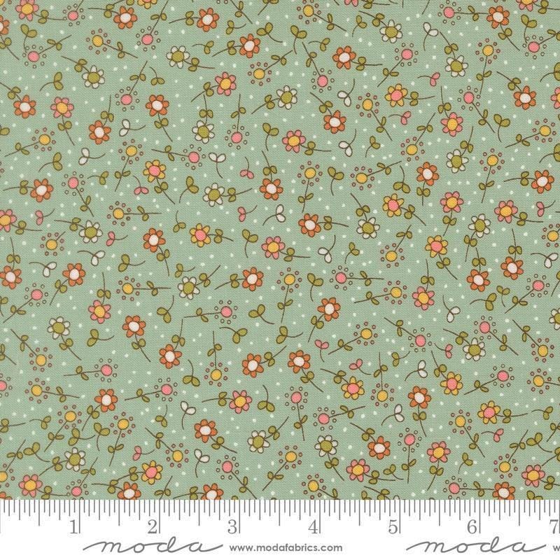 Image of Bug Collector Meadow Sky quilting cotton fabric by Sweetwater for Moda Fabrics. Features flowers on a blue green background. Cute Little Fabric Shop.