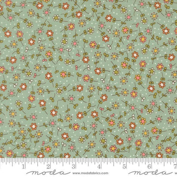 Image of Bug Collector Meadow Sky quilting cotton fabric by Sweetwater for Moda Fabrics. Features flowers on a blue green background. Cute Little Fabric Shop.