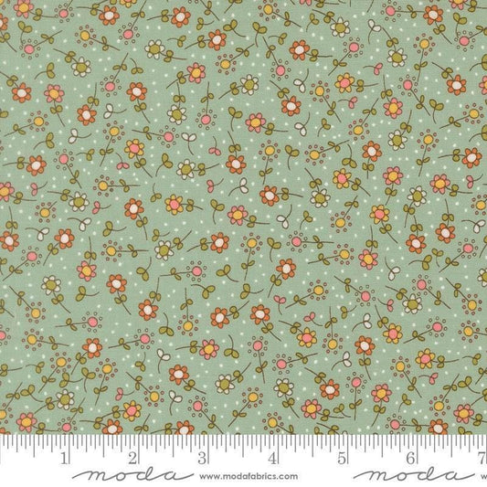 Image of Bug Collector Meadow Sky quilting cotton fabric by Sweetwater for Moda Fabrics. Features flowers on a blue green background. Cute Little Fabric Shop.