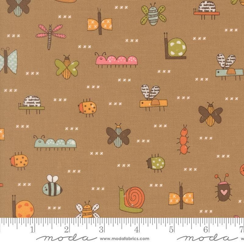 Image of Bug Collector The Bugs Stone quilting cotton fabric by Sweetwater for Moda Fabrics. Features insects on a brown background. Cute Little Fabric Shop.