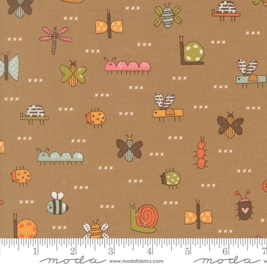 Image of Bug Collector The Bugs Stone quilting cotton fabric by Sweetwater for Moda Fabrics. Features insects on a brown background. Cute Little Fabric Shop.