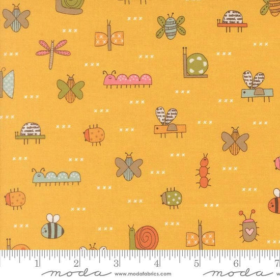 Image of Bug Collector The Bugs Sunshine quilting cotton fabric by Sweetwater for Moda Fabrics. Features insects on a yellow background. Cute Little Fabric Shop.