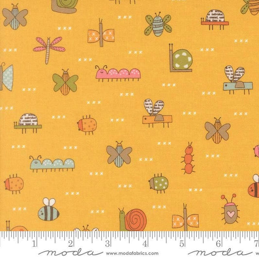 Image of Bug Collector The Bugs Sunshine quilting cotton fabric by Sweetwater for Moda Fabrics. Features insects on a yellow background. Cute Little Fabric Shop.