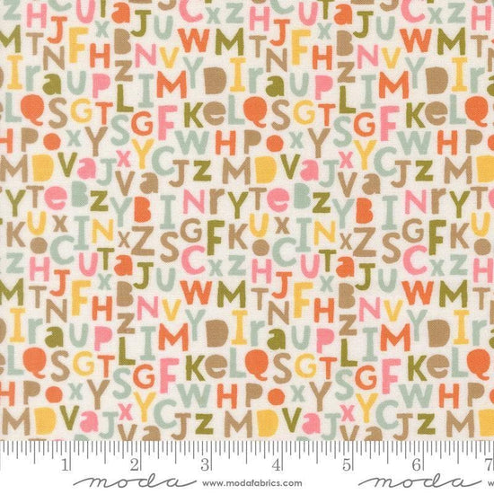 Image of Bug Collector Alphabet Cloud quilting cotton fabric by Sweetwater for Moda Fabrics. Features letters on a white background. Cute Little Fabric Shop.