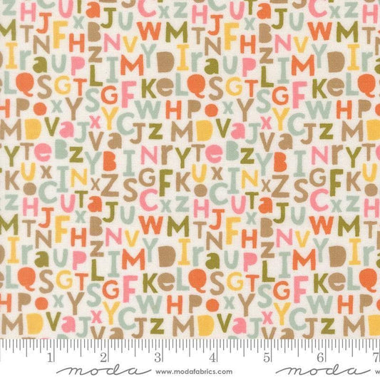 Image of Bug Collector Alphabet Cloud quilting cotton fabric by Sweetwater for Moda Fabrics. Features letters on a white background. Cute Little Fabric Shop.