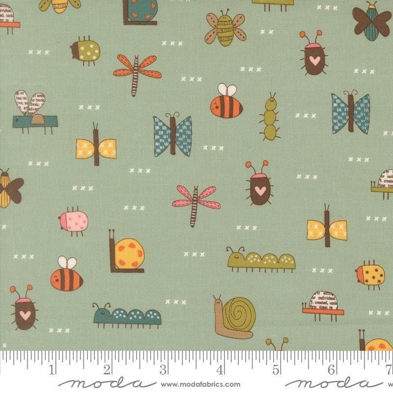 Image of Bug Collector The Bugs Sky quilting cotton fabric by Sweetwater for Moda Fabrics. Features insects on a blue green background. Cute Little Fabric Shop.