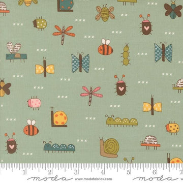 Image of Bug Collector The Bugs Sky quilting cotton fabric by Sweetwater for Moda Fabrics. Features insects on a blue green background. Cute Little Fabric Shop.