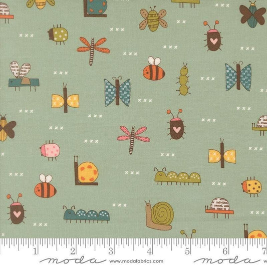 Image of Bug Collector The Bugs Sky quilting cotton fabric by Sweetwater for Moda Fabrics. Features insects on a blue green background. Cute Little Fabric Shop.