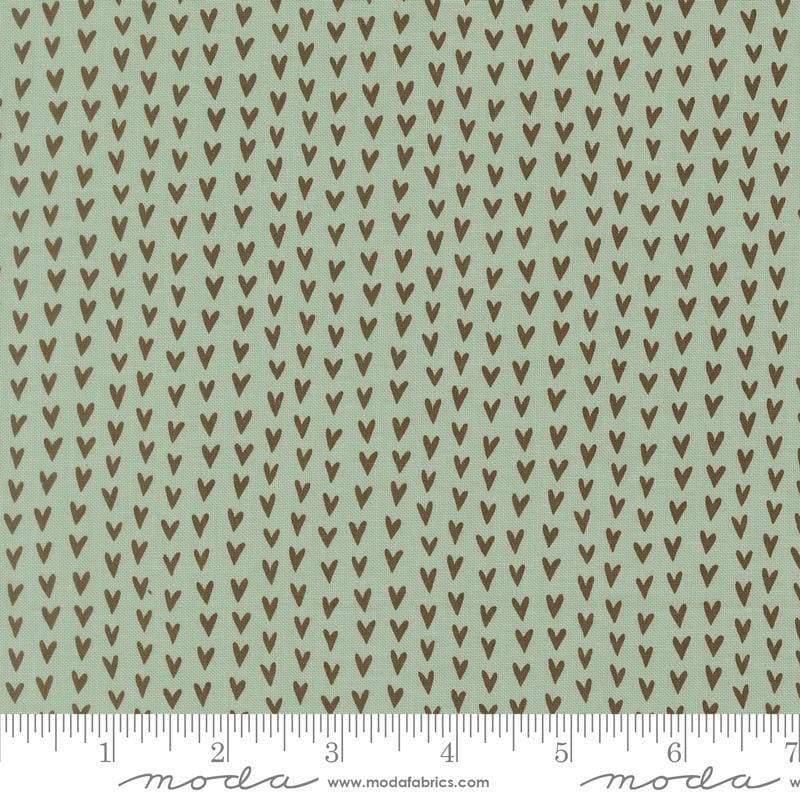 Image of Bug Collector Love Bug Sky quilting cotton fabric by Sweetwater for Moda Fabrics. Features hearts on a blue green background. Cute Little Fabric Shop.