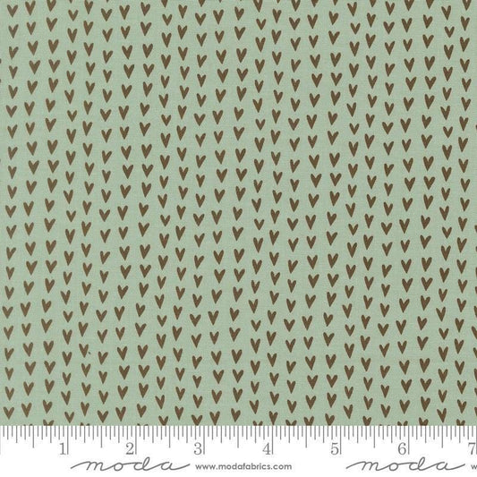Image of Bug Collector Love Bug Sky quilting cotton fabric by Sweetwater for Moda Fabrics. Features hearts on a blue green background. Cute Little Fabric Shop.