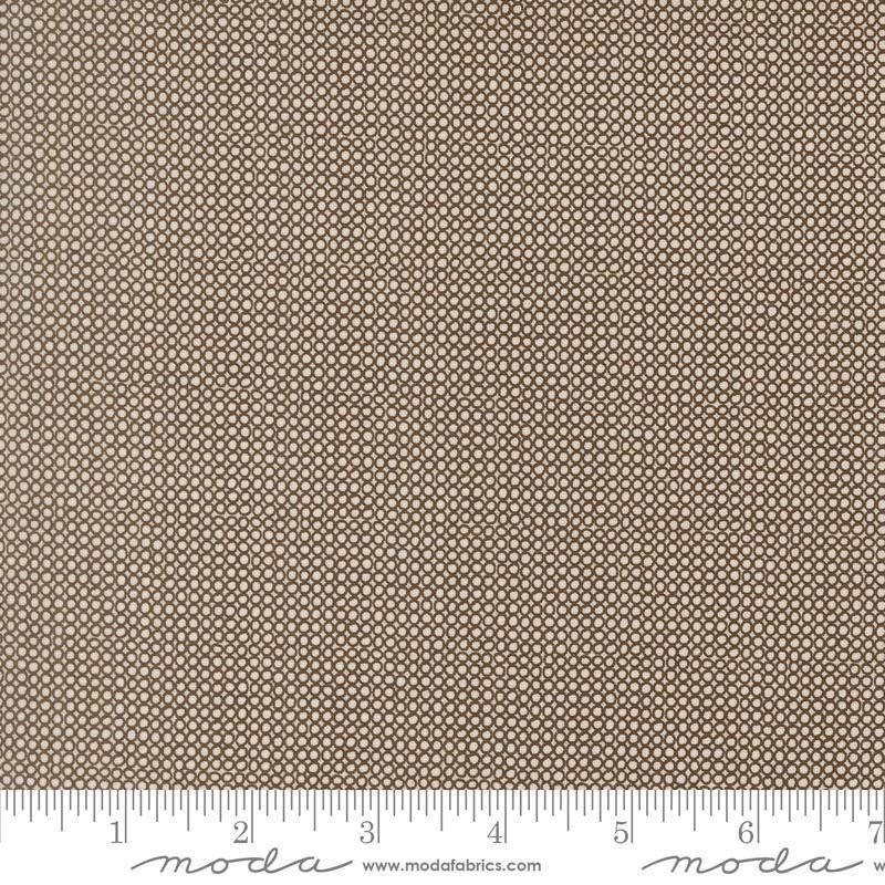 Image of Bug Collector Bug Net Dirt quilting cotton fabric by Sweetwater for Moda Fabrics. Features circles on a brown background. Cute Little Fabric Shop.