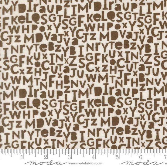 Image of Bug Collector Alphabet Dirt quilting cotton fabric by Sweetwater for Moda Fabrics. Features letters on a white background. Cute Little Fabric Shop.
