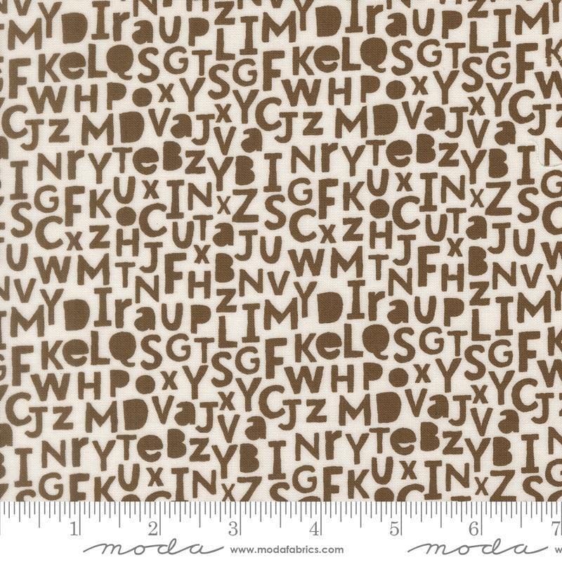 Image of Bug Collector Alphabet Dirt quilting cotton fabric by Sweetwater for Moda Fabrics. Features letters on a white background. Cute Little Fabric Shop.