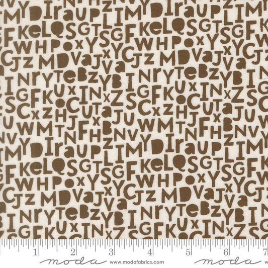 Image of Bug Collector Alphabet Dirt quilting cotton fabric by Sweetwater for Moda Fabrics. Features letters on a white background. Cute Little Fabric Shop.