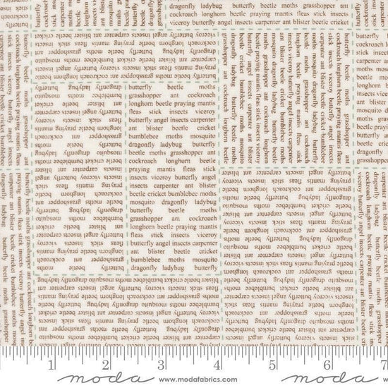 Image of Bug Collector In The News Cloud Dirt quilting cotton fabric by Sweetwater for Moda Fabrics. Features words on a white background. Cute Little Fabric Shop.