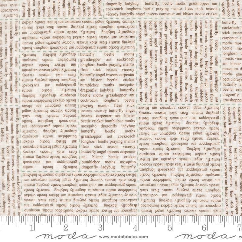 Image of Bug Collector In The News Cloud Dirt quilting cotton fabric by Sweetwater for Moda Fabrics. Features words on a white background. Cute Little Fabric Shop.