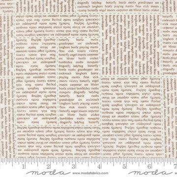 Image of Bug Collector In The News Cloud Dirt quilting cotton fabric by Sweetwater for Moda Fabrics. Features words on a white background. Cute Little Fabric Shop.