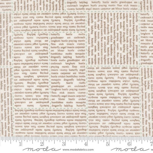 Image of Bug Collector In The News Cloud Dirt quilting cotton fabric by Sweetwater for Moda Fabrics. Features words on a white background. Cute Little Fabric Shop.