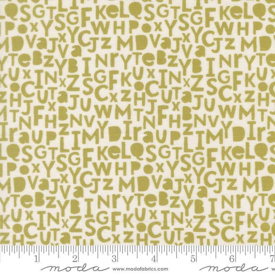 Image of Bug Collector Alphabet Leaf quilting cotton fabric by Sweetwater for Moda Fabrics. Features letters on a white background. Cute Little Fabric Shop.