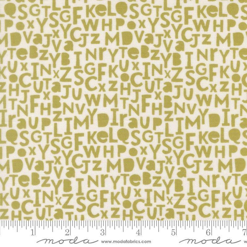 Image of Bug Collector Alphabet Leaf quilting cotton fabric by Sweetwater for Moda Fabrics. Features letters on a white background. Cute Little Fabric Shop.
