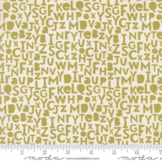 Image of Bug Collector Alphabet Leaf quilting cotton fabric by Sweetwater for Moda Fabrics. Features letters on a white background. Cute Little Fabric Shop.
