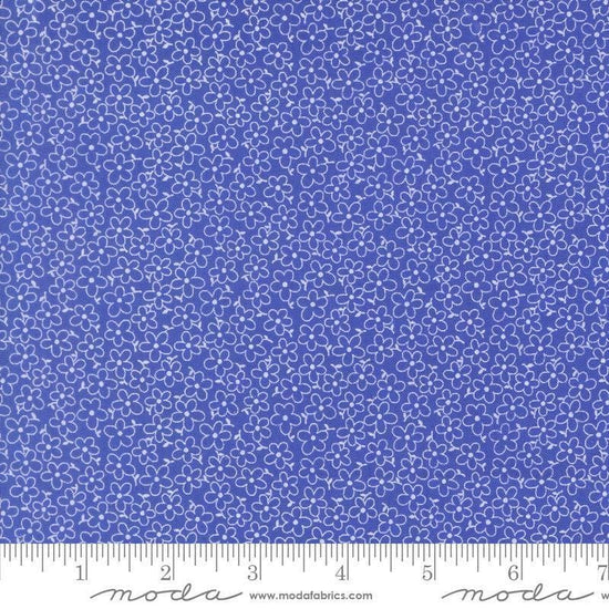 Image of On The Porch Field of Flowers Bountiful Blue quilting cotton fabric by My and My Sister Designs for Moda Fabrics. Features flowers on a blue background. Cute Little Fabric Shop.