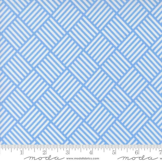Image of On The Porch Picnic Checks Blue Sky quilting cotton fabric by My and My Sister Designs for Moda Fabrics. Features lines on a blue background. Cute Little Fabric Shop.