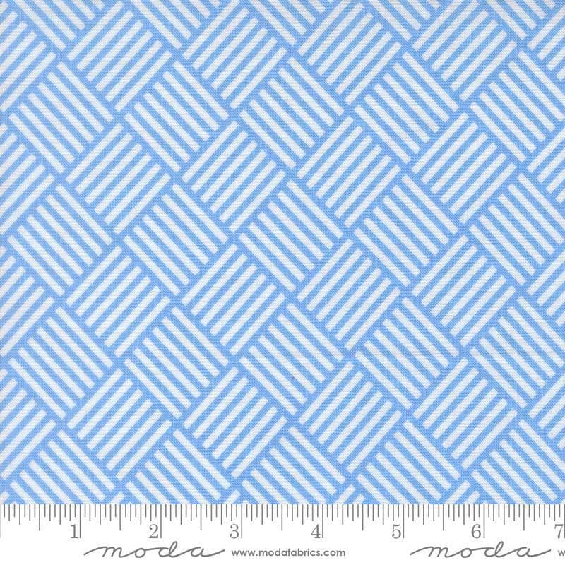 Image of On The Porch Picnic Checks Blue Sky quilting cotton fabric by My and My Sister Designs for Moda Fabrics. Features lines on a blue background. Cute Little Fabric Shop.