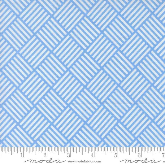 Image of On The Porch Picnic Checks Blue Sky quilting cotton fabric by My and My Sister Designs for Moda Fabrics. Features lines on a blue background. Cute Little Fabric Shop.