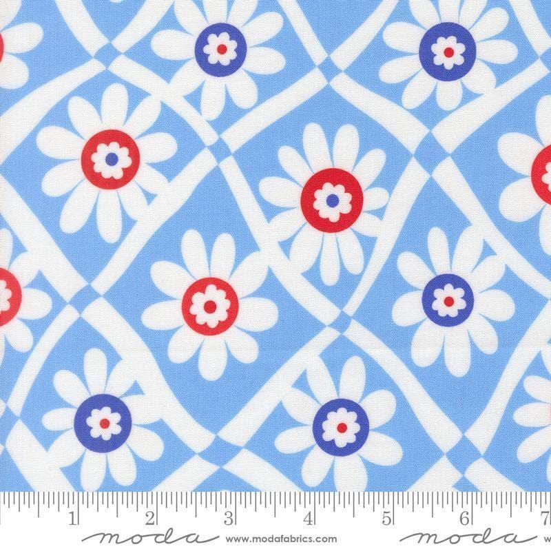 Image of On The Porch Happy Daze Blue Sky quilting cotton fabric by My and My Sister Designs for Moda Fabrics. Features flowers on a blue background. Cute Little Fabric Shop.
