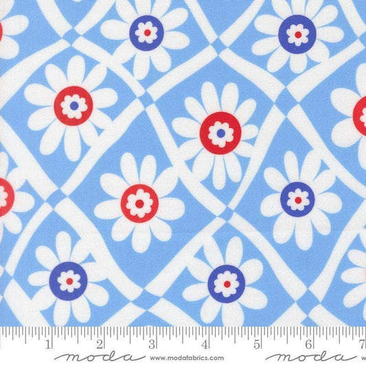 Image of On The Porch Happy Daze Blue Sky quilting cotton fabric by My and My Sister Designs for Moda Fabrics. Features flowers on a blue background. Cute Little Fabric Shop.