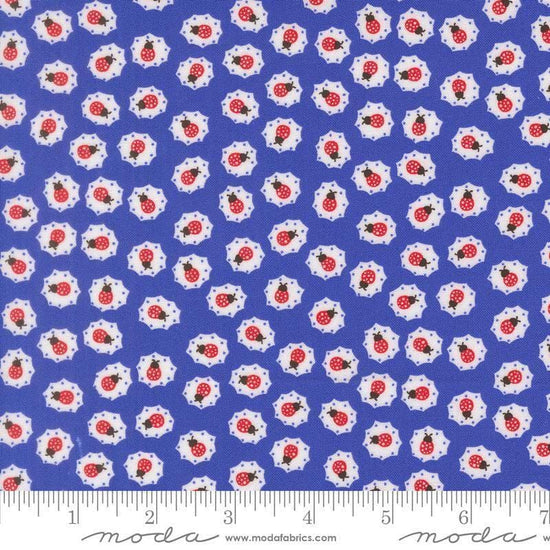 Image of On The Porch Little Friends Bountiful Blue quilting cotton fabric by My and My Sister Designs for Moda Fabrics. Features ladybugs on a blue background. Cute Little Fabric Shop.