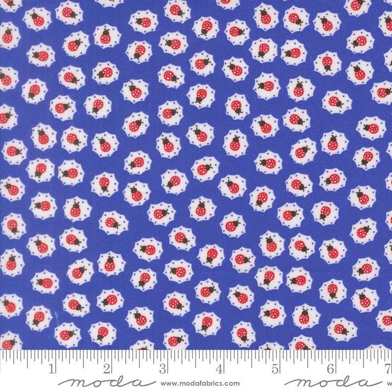 Image of On The Porch Little Friends Bountiful Blue quilting cotton fabric by My and My Sister Designs for Moda Fabrics. Features ladybugs on a blue background. Cute Little Fabric Shop.