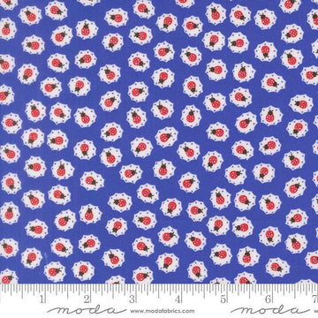 Image of On The Porch Little Friends Bountiful Blue quilting cotton fabric by My and My Sister Designs for Moda Fabrics. Features ladybugs on a blue background. Cute Little Fabric Shop.