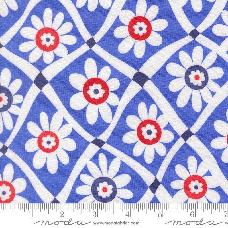Image of On The Porch Happy Daze Bountiful Blue quilting cotton fabric by My and My Sister Designs for Moda Fabrics. Features flowers on a blue background. Cute Little Fabric Shop.