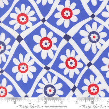 Image of On The Porch Happy Daze Bountiful Blue quilting cotton fabric by My and My Sister Designs for Moda Fabrics. Features flowers on a blue background. Cute Little Fabric Shop.