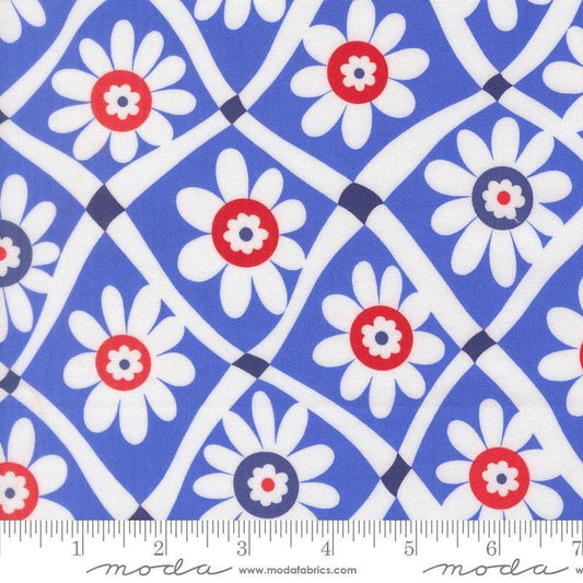 Image of On The Porch Happy Daze Bountiful Blue quilting cotton fabric by My and My Sister Designs for Moda Fabrics. Features flowers on a blue background. Cute Little Fabric Shop.