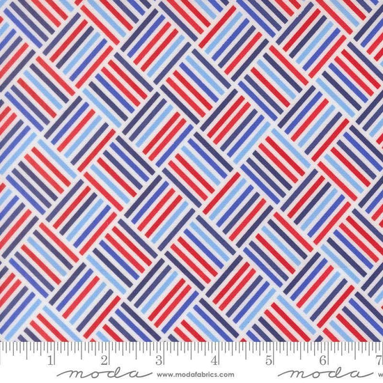 Image of On The Porch Picnic Checks Cloud quilting cotton fabric by My and My Sister Designs for Moda Fabrics. Features lines on a blue background. Cute Little Fabric Shop.