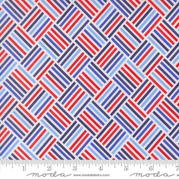 Image of On The Porch Picnic Checks Cloud quilting cotton fabric by My and My Sister Designs for Moda Fabrics. Features lines on a blue background. Cute Little Fabric Shop.