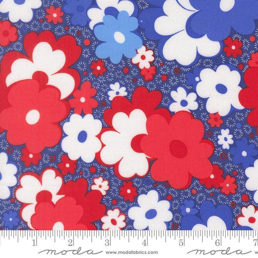Image of On The Porch Freedom Floral Bountiful Blue quilting cotton fabric by My and My Sister Designs for Moda Fabrics. Features flowers on a blue background. Cute Little Fabric Shop.