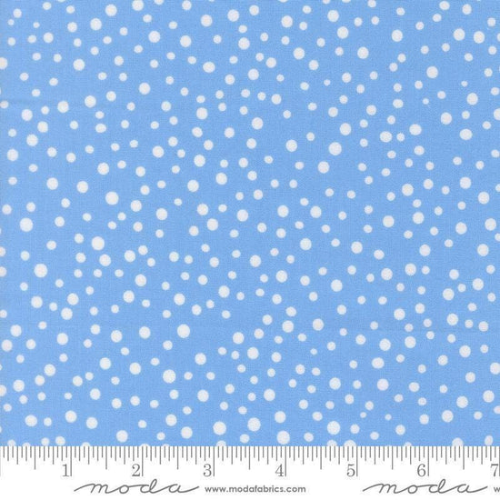 Image of On The Porch Country Rain Blue Sky quilting cotton fabric by My and My Sister Designs for Moda Fabrics. Features polka dots on a blue background. Cute Little Fabric Shop.